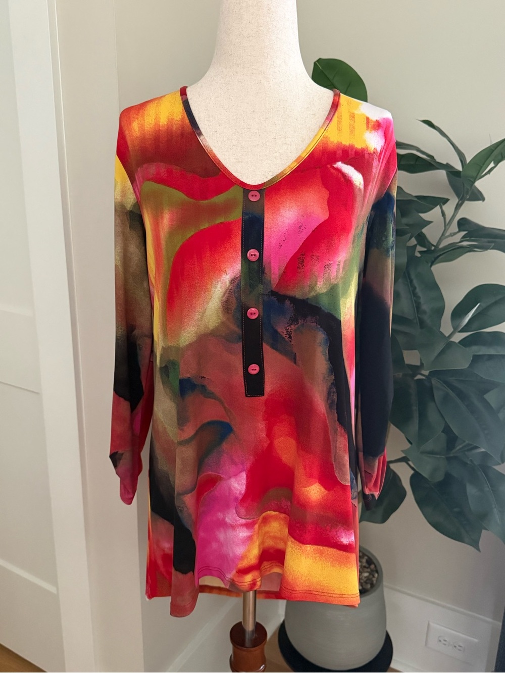 Clara Sun Woo Colorful Roll Tab Sleeve Tunic Blouse Medium